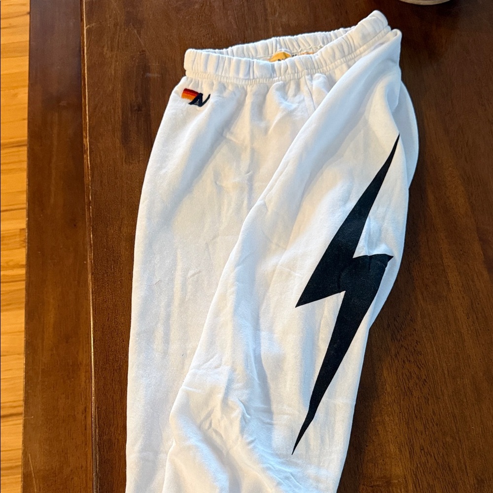 NWT Aviator Nation White Joggers with Black Bolt